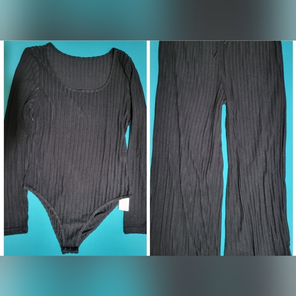 NWT Yozy 2pc Lounge Set Long Sleeve Bodysuit With Matching Pants Black Size XXL